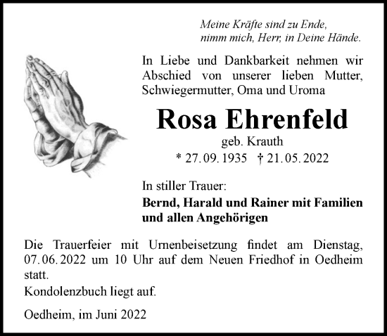 Traueranzeige von Rosa Ehrenfeld von GESAMT