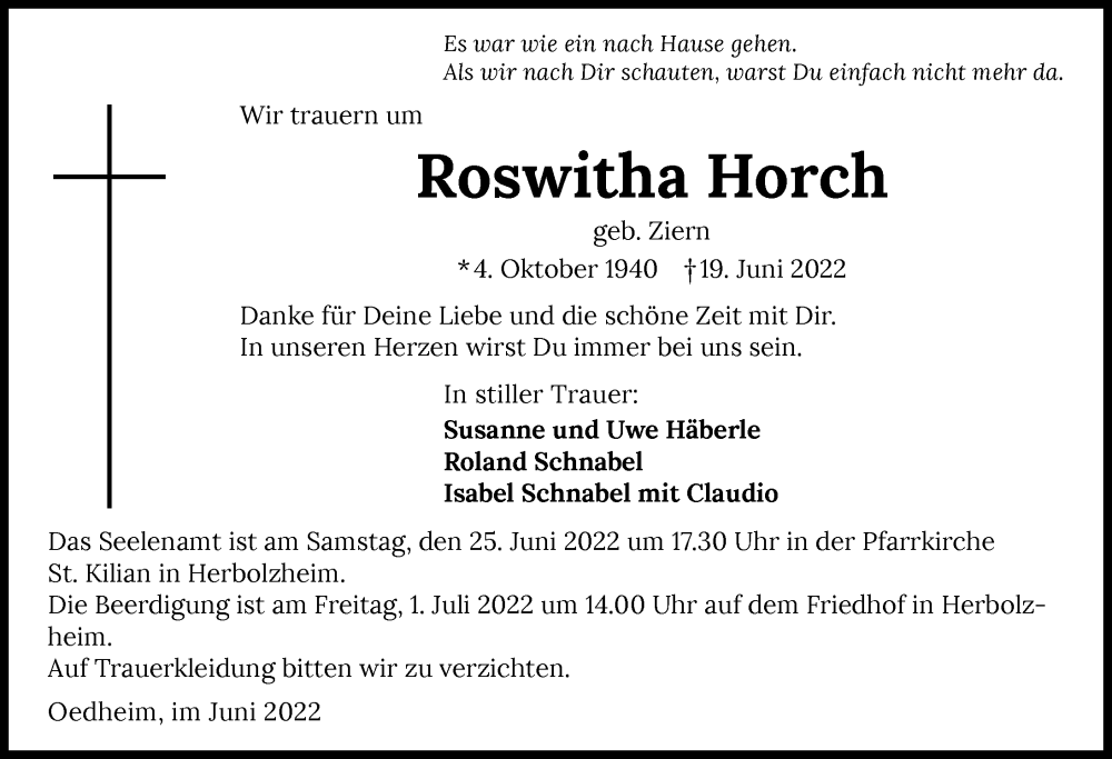  Traueranzeige für Roswitha Horch vom 22.06.2022 aus GESAMT