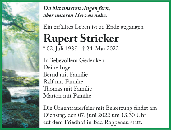 Traueranzeige von Rupert Stricker von GESAMT