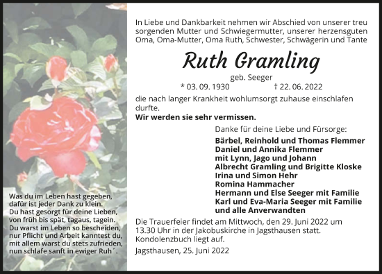 Traueranzeige von Ruth Gramling von GESAMT