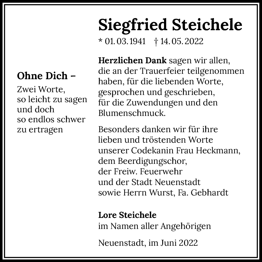  Traueranzeige für Siegfried Steichele vom 11.06.2022 aus GESAMT