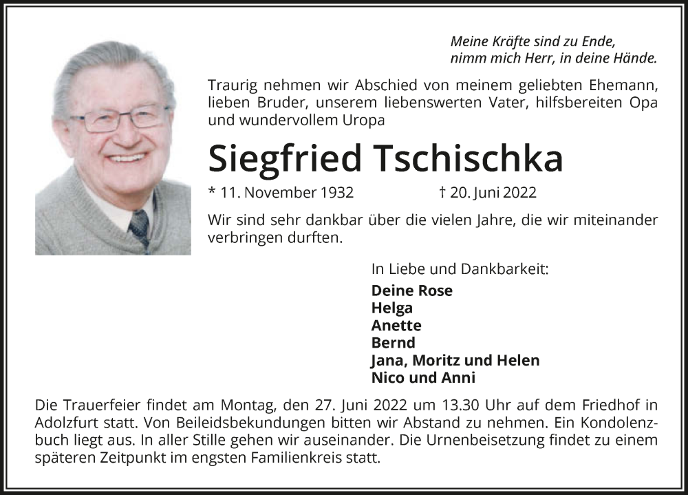  Traueranzeige für Siegfried Tschischka vom 24.06.2022 aus GESAMT