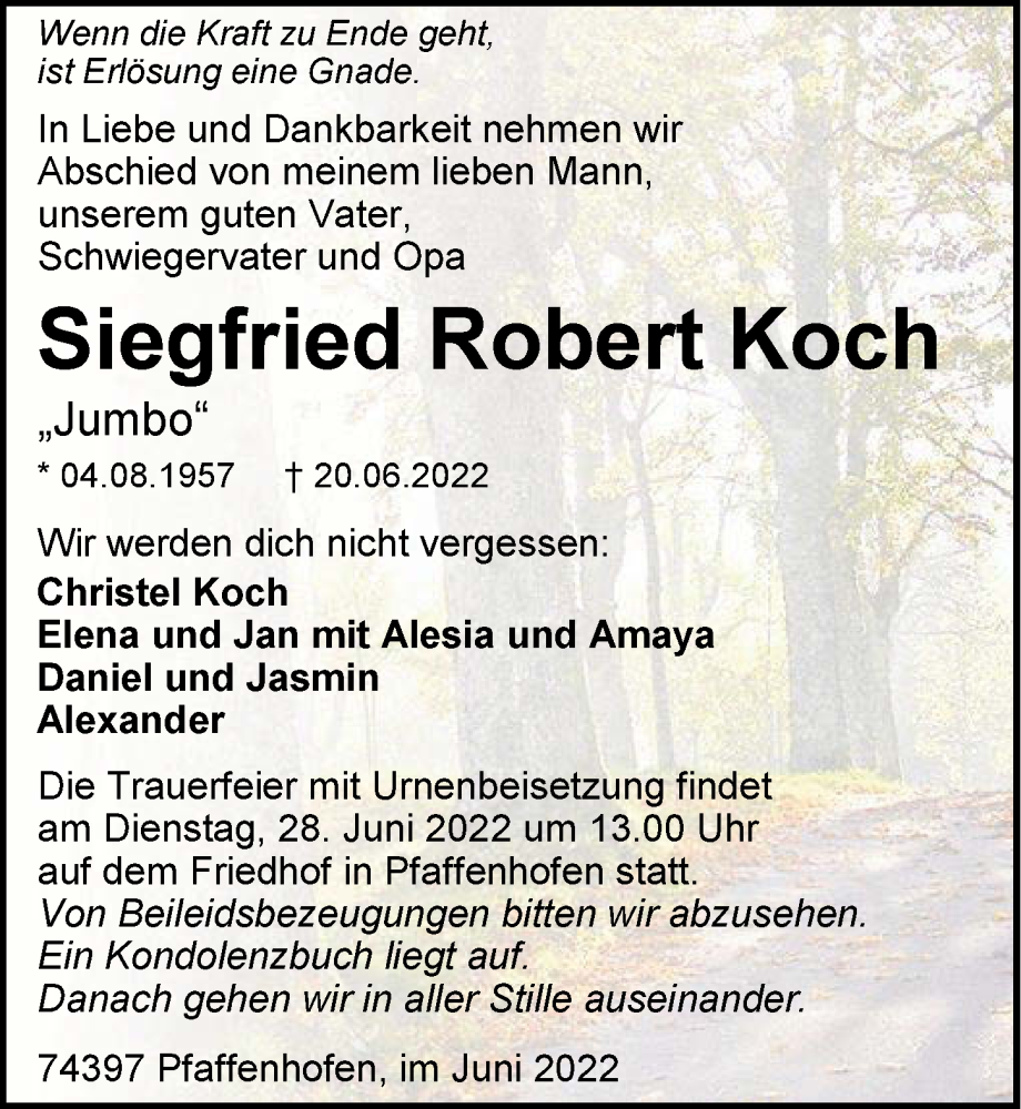  Traueranzeige für Siegfried Robert Koch vom 24.06.2022 aus GESAMT