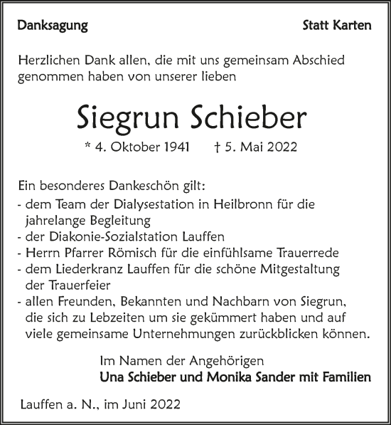 Traueranzeige von Siegrun Schieber von GESAMT