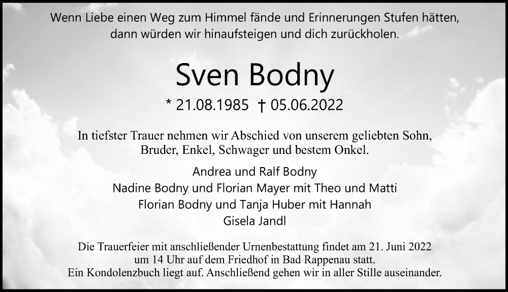  Traueranzeige für Sven Bodny vom 18.06.2022 aus GESAMT