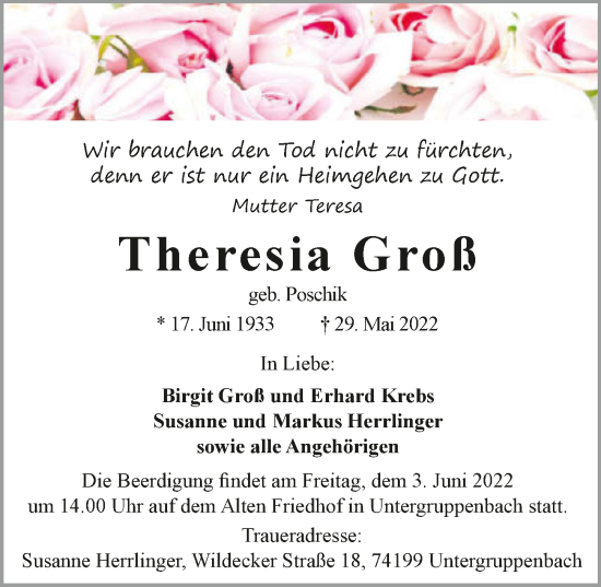 Traueranzeige von Theresia Groß von GESAMT