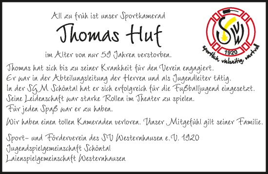 Traueranzeige von Thomas Huf von GESAMT