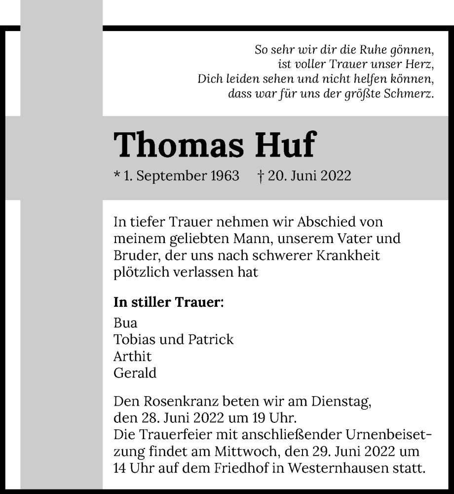  Traueranzeige für Thomas Huf vom 25.06.2022 aus GESAMT