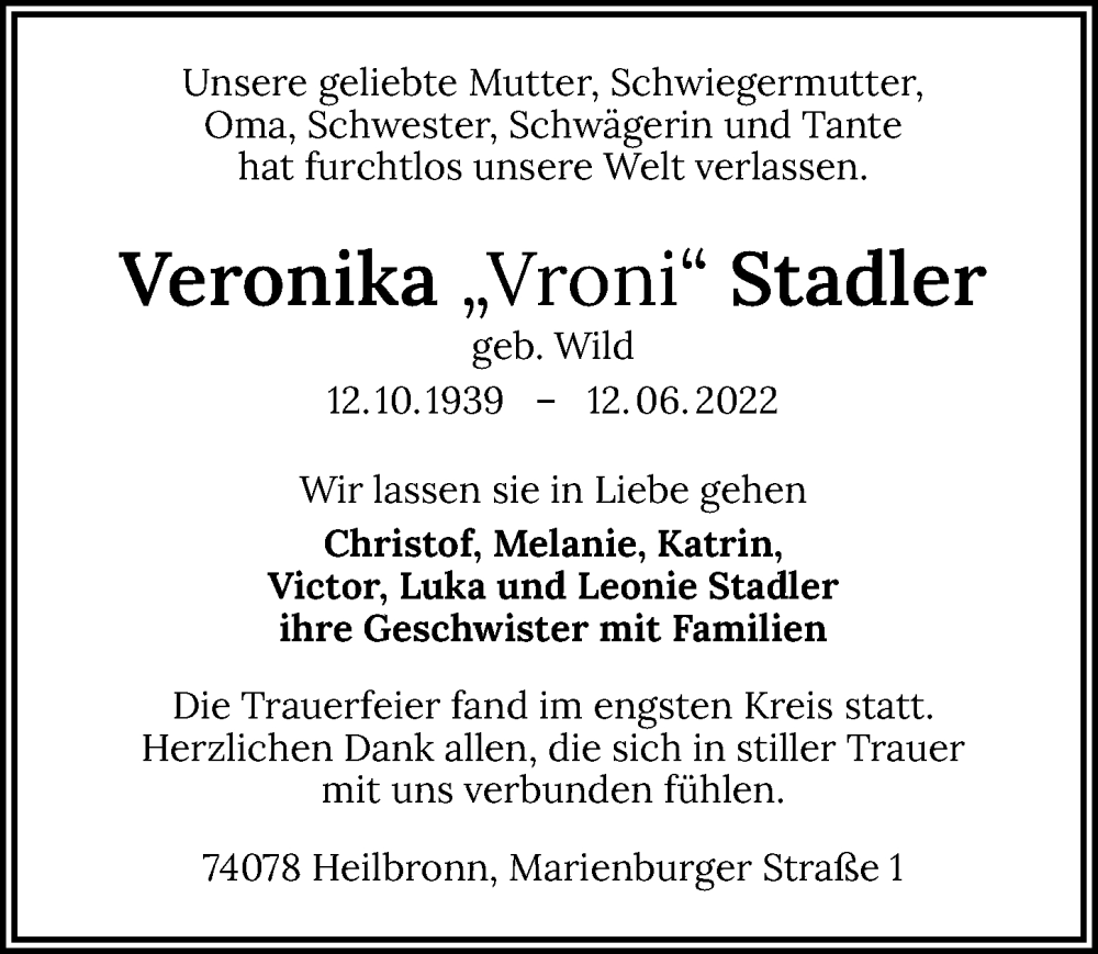  Traueranzeige für Veronika Stadler vom 18.06.2022 aus GESAMT
