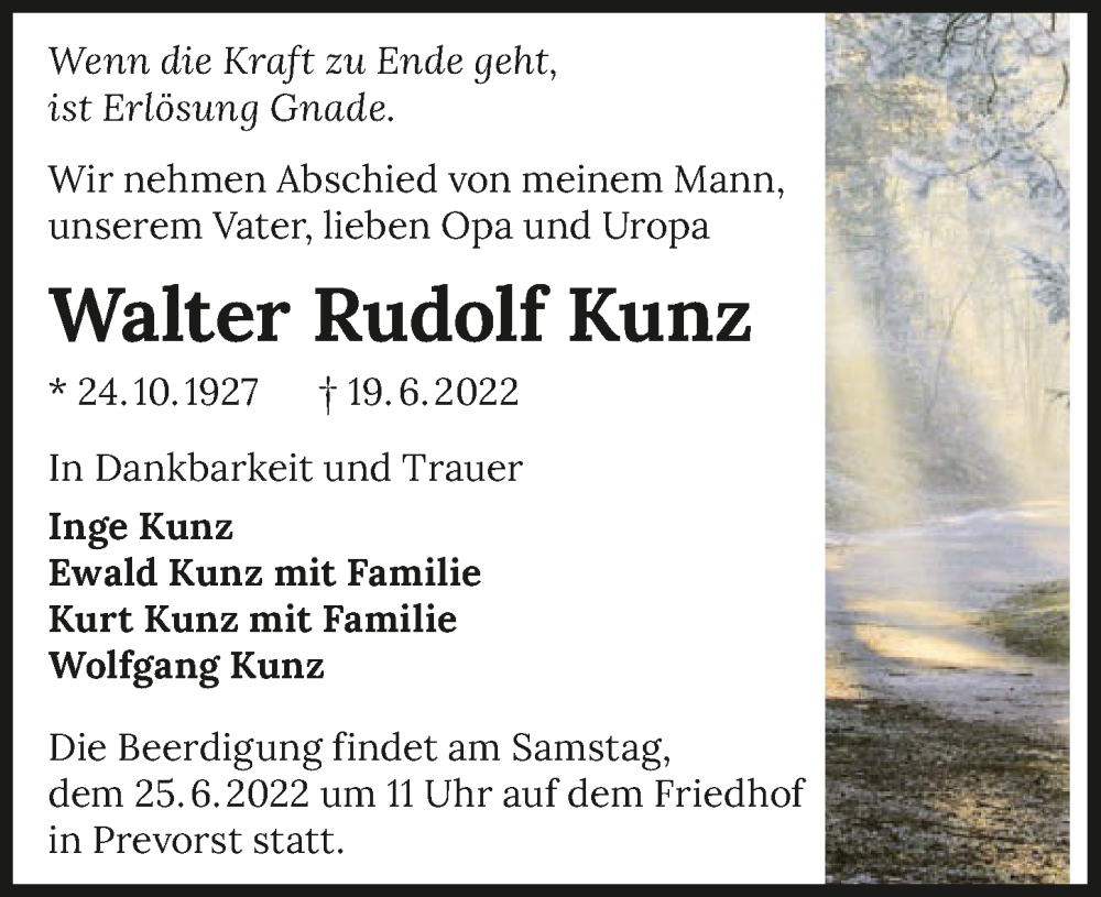  Traueranzeige für Walter Rudolf Kunz vom 22.06.2022 aus GESAMT