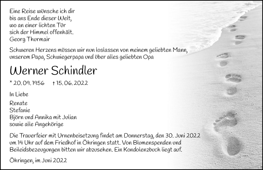  Traueranzeige für Werner Schindler vom 25.06.2022 aus GESAMT