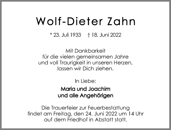 Traueranzeige von Wolf-Dieter Zahn von GESAMT