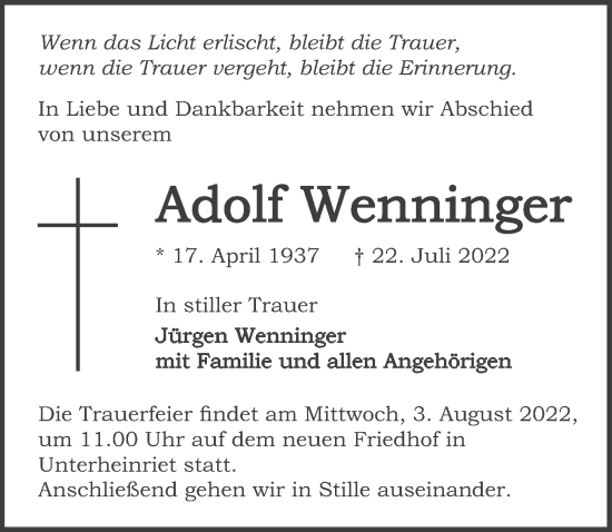 Traueranzeige von Adolf Wenninger von GESAMT