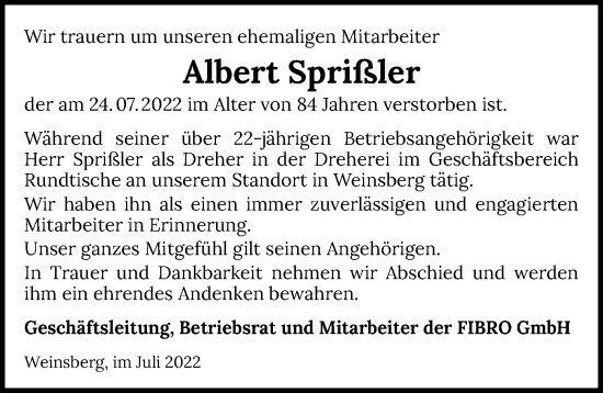 Traueranzeige von Albert Sprißler von GESAMT