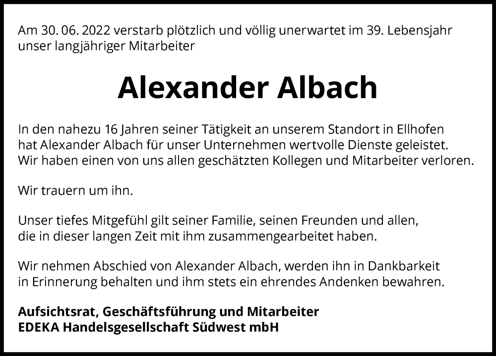  Traueranzeige für Alexander Albach vom 06.07.2022 aus GESAMT