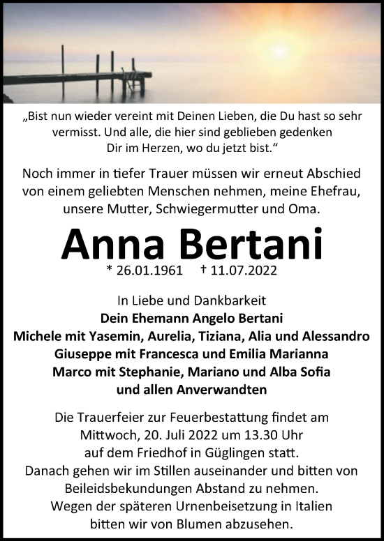 Traueranzeige von Anna Bertani von GESAMT