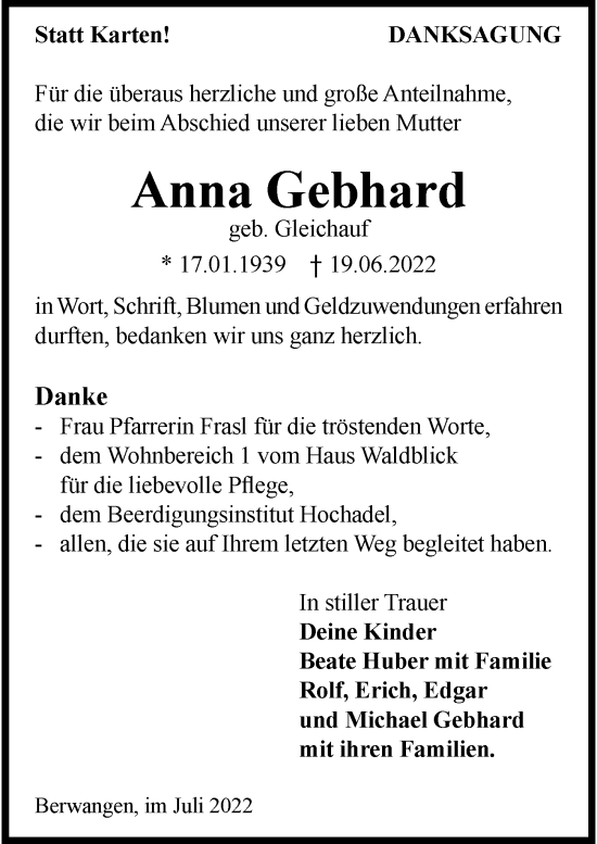 Traueranzeige von Anna Gebhard von GESAMT