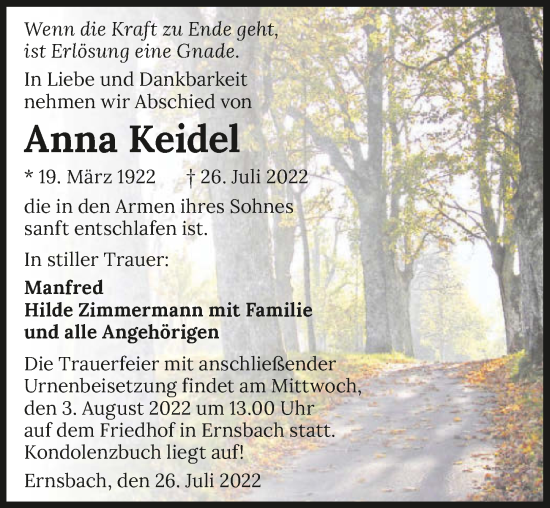 Traueranzeige von Anna Keidel von GESAMT