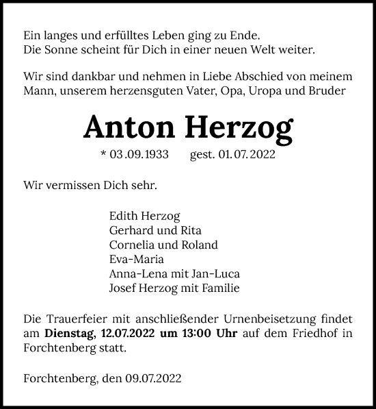 Traueranzeige von Anton Herzog von GESAMT