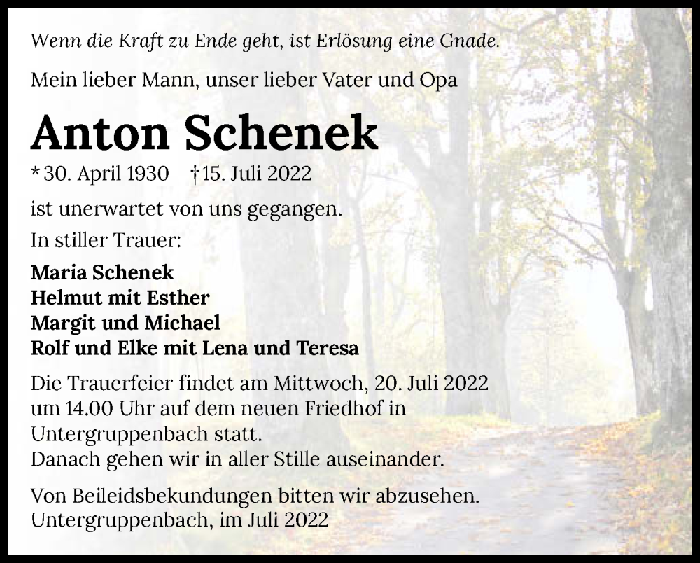  Traueranzeige für Anton Schenek vom 19.07.2022 aus GESAMT