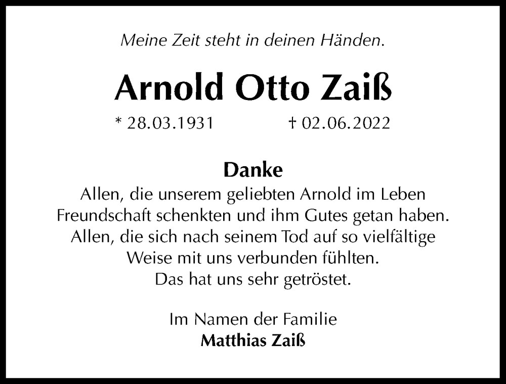  Traueranzeige für Arnold Zaiß vom 21.07.2022 aus GESAMT