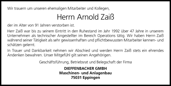 Traueranzeige von Arnold Zaiß von GESAMT