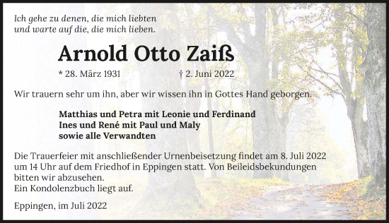 Traueranzeige von Arnold Otto Zaiß von GESAMT