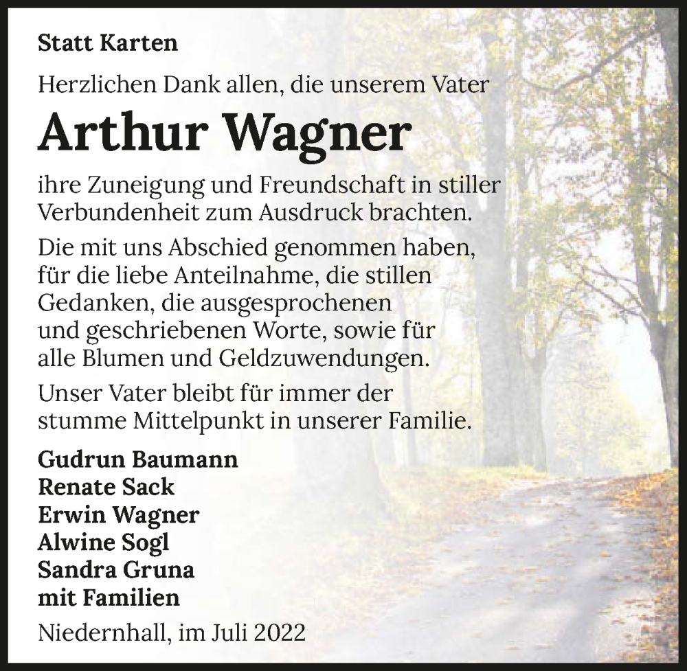  Traueranzeige für Arthur Wagner vom 30.07.2022 aus GESAMT