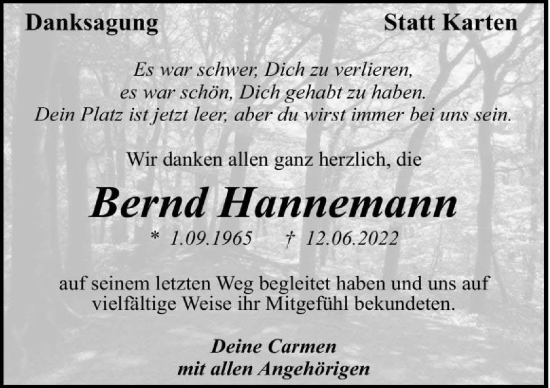 Traueranzeige von Bernd Hannemann von GESAMT