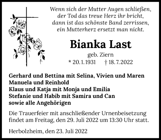 Traueranzeige von Bianka Last von GESAMT
