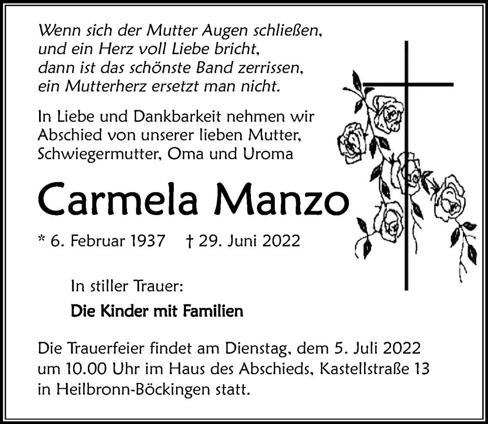  Traueranzeige für Carmela Manzo vom 02.07.2022 aus GESAMT