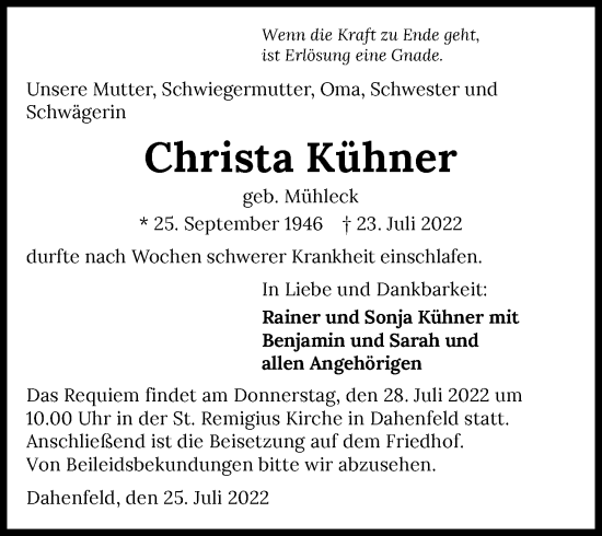 Traueranzeige von Christa Kühner von GESAMT