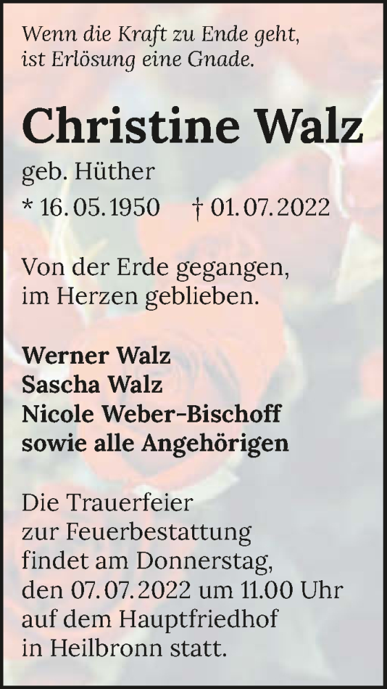 Traueranzeige für Christine Walz vom 02.07.2022 aus GESAMT