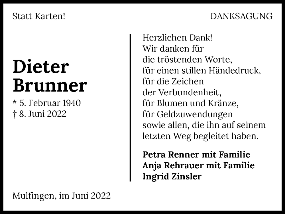  Traueranzeige für Dieter Brunner vom 30.06.2022 aus GESAMT