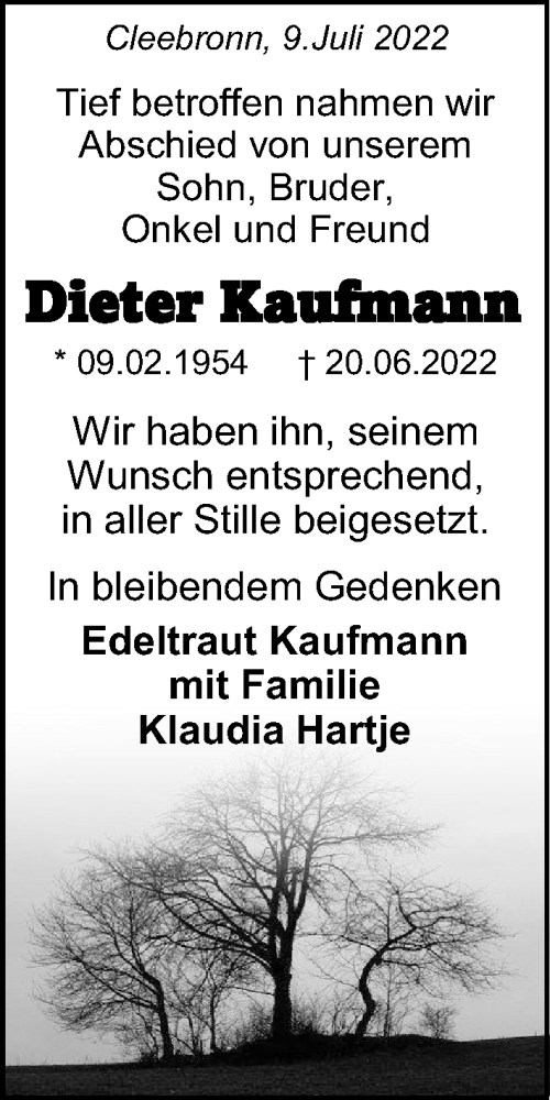Traueranzeige von Dieter Kaufmann von GESAMT