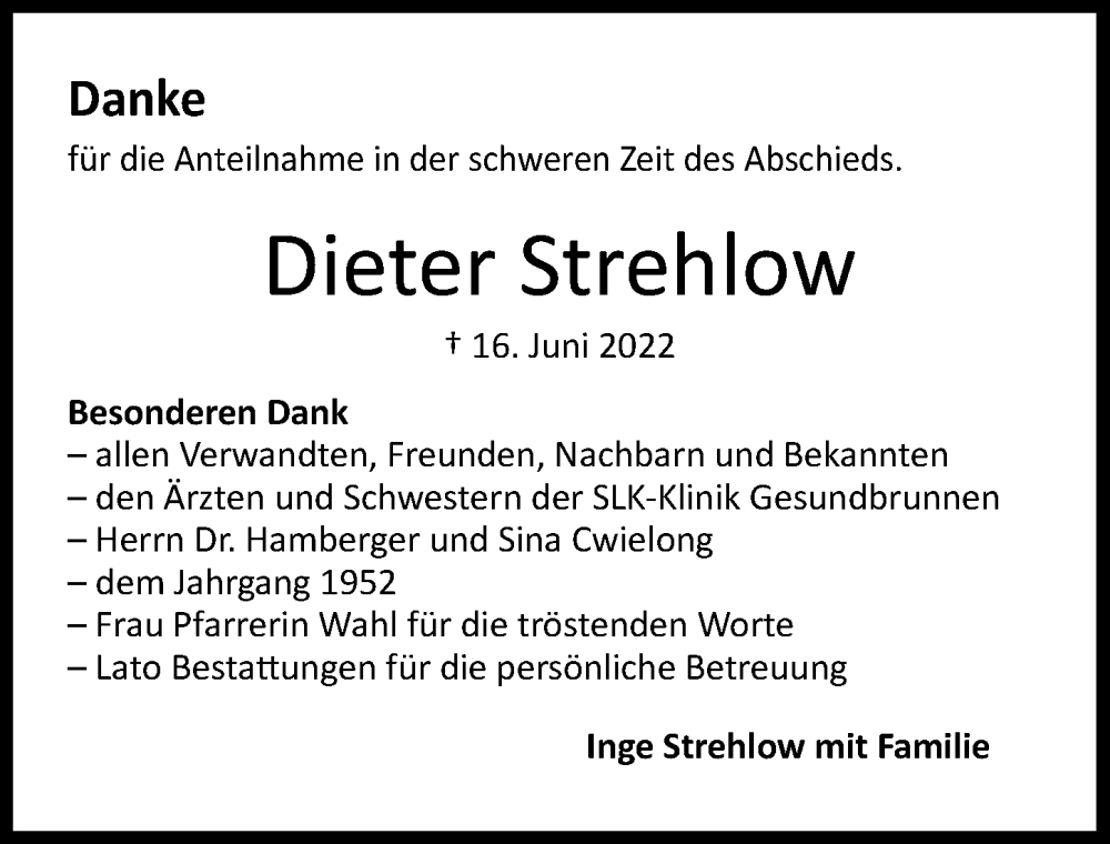  Traueranzeige für Dieter Strehlow vom 02.07.2022 aus GESAMT