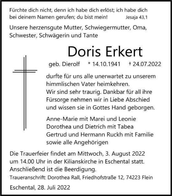 Traueranzeige von Doris Erkert von GESAMT