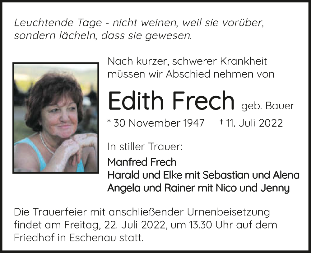 Traueranzeige für Edith Frech vom 16.07.2022 aus GESAMT