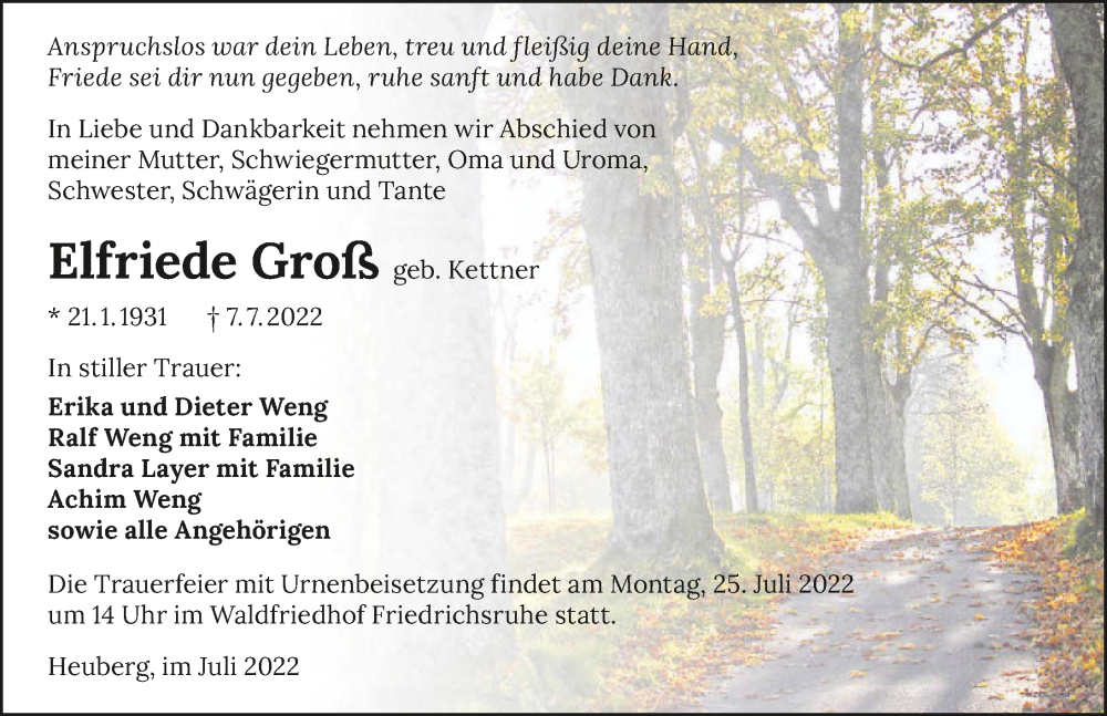  Traueranzeige für Elfriede Groß vom 20.07.2022 aus GESAMT