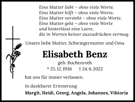 Traueranzeige von Elisabeth Benz von GESAMT