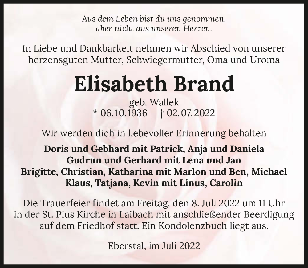  Traueranzeige für Elisabeth Brand vom 06.07.2022 aus GESAMT
