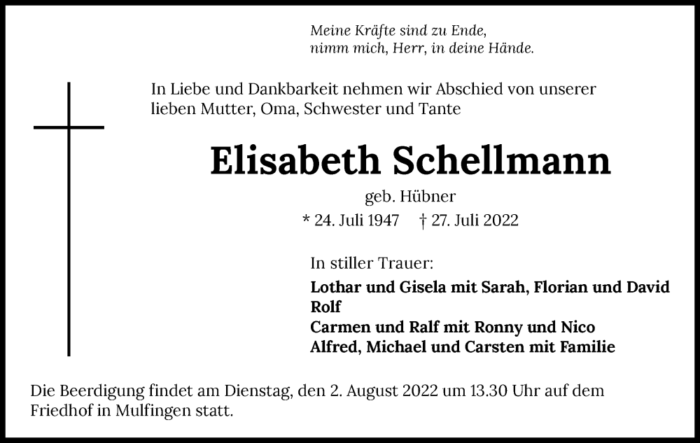  Traueranzeige für Elisabeth Schellmann vom 30.07.2022 aus GESAMT