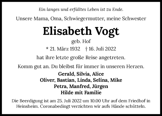 Traueranzeige von Elisabeth Vogt von GESAMT