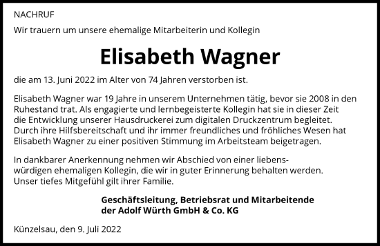 Traueranzeige von Elisabeth Wagner von GESAMT