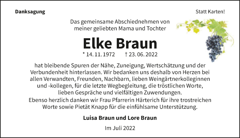  Traueranzeige für Elke Braun vom 16.07.2022 aus GESAMT
