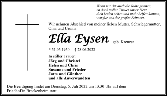 Traueranzeige von Ella Eysen von GESAMT