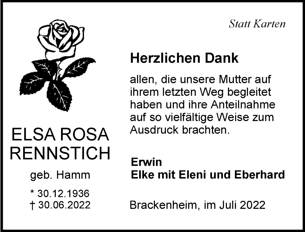  Traueranzeige für Elsa Rosa Rennstich vom 23.07.2022 aus GESAMT