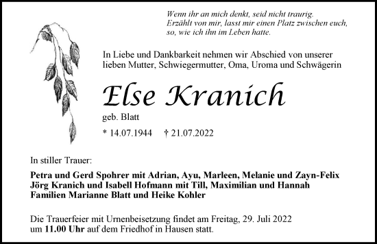 Traueranzeige von Else Kranich von GESAMT