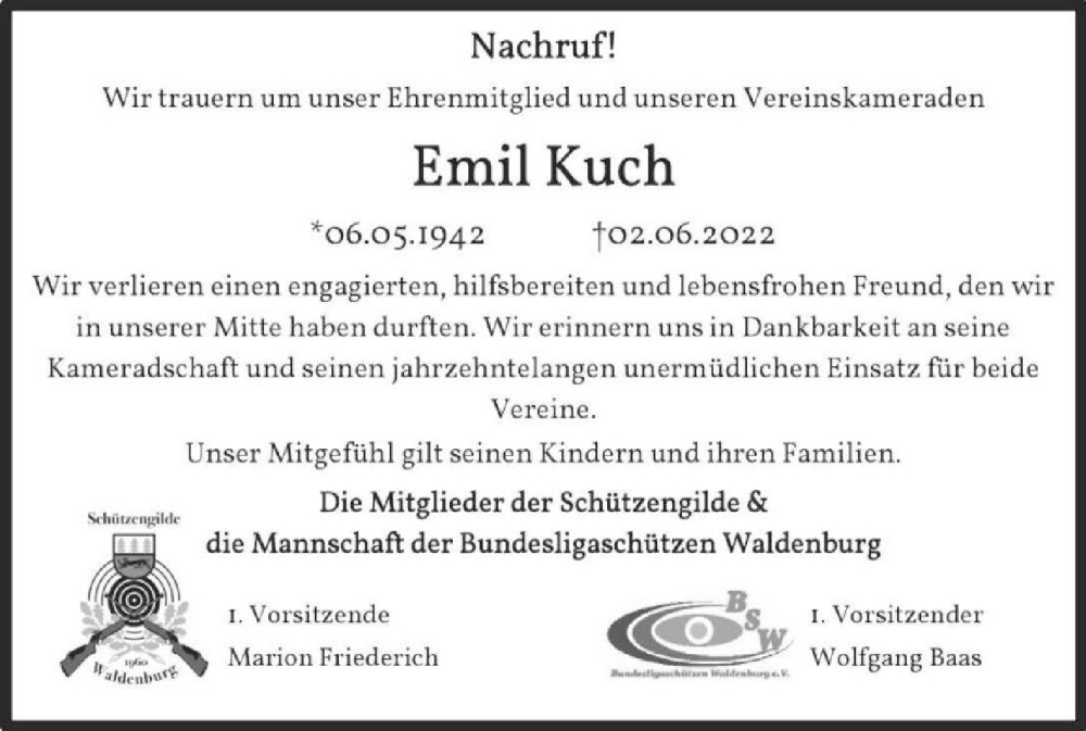  Traueranzeige für Emil Kuch vom 02.07.2022 aus GESAMT