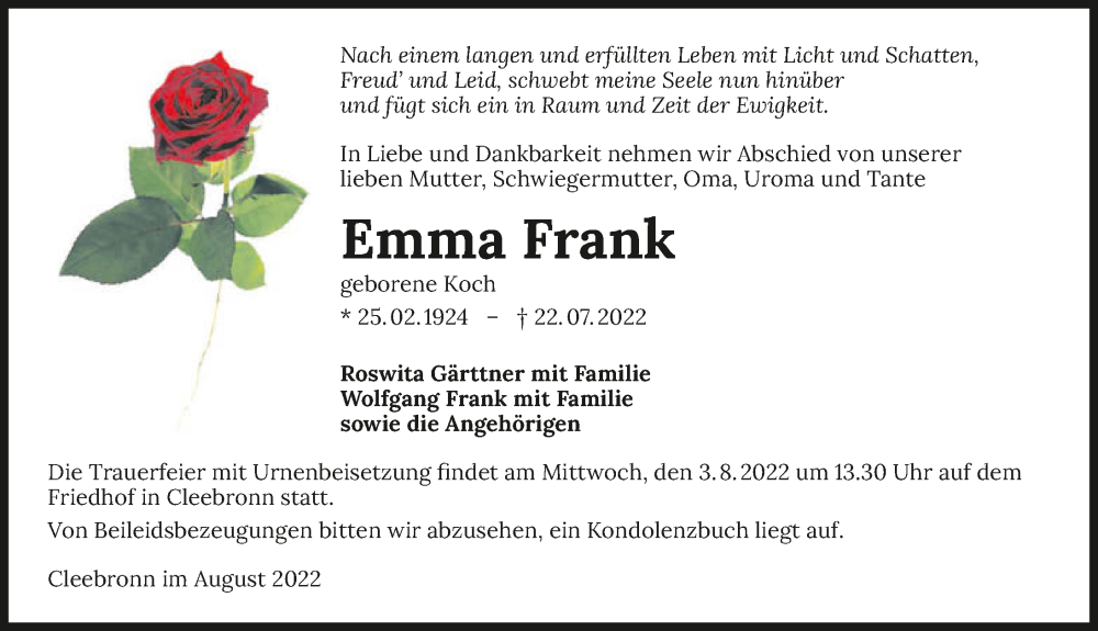  Traueranzeige für Emma Frank vom 30.07.2022 aus GESAMT
